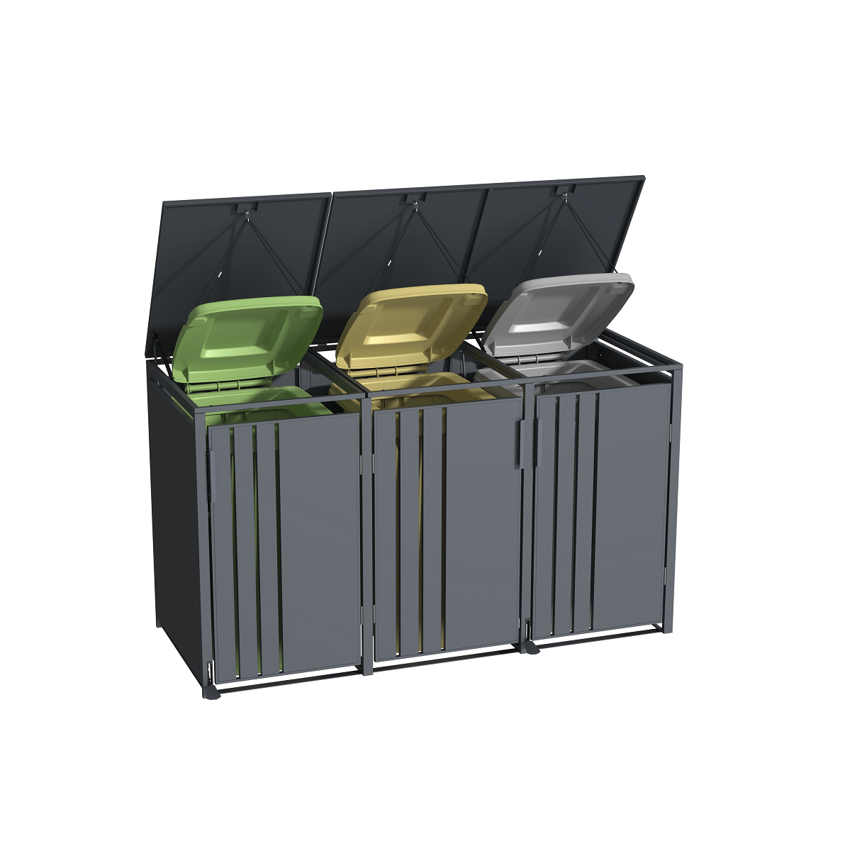 Trivietė šiukšlių konteinerio pastogė su pedalu MIKKO 1 Trivietė šiukšlių konteinerio pastogė su pedalu MIKKO