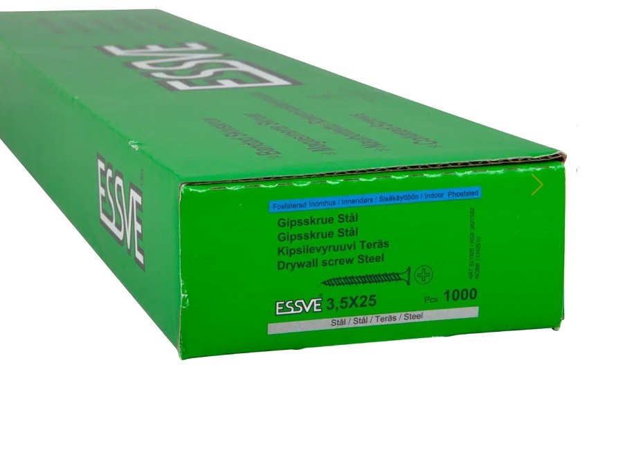 Gipskartonio plokščių sraigtai 3,5x25mm juostoje, ESSVE 1 Gipskartonio plokščių sraigtai 3,5x25mm juostoje, ESSVE